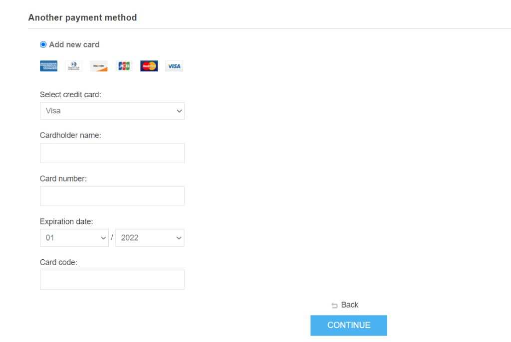 saved payment cards another payment method